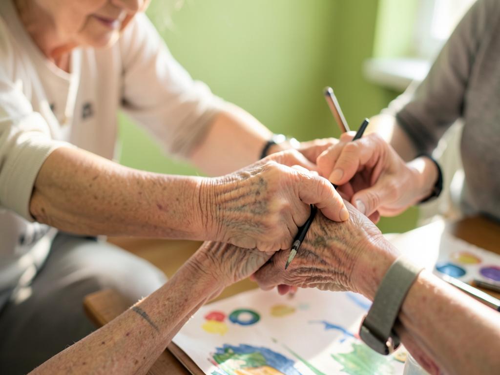 A therapist guiding an older person's hands during an art activity