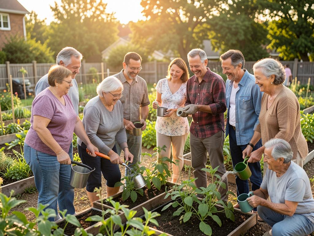 A group of people gardening together in a sunny community garden