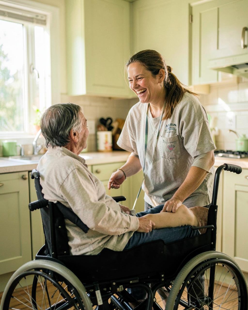 A Nova Cares support worker laughing with a participant in a sunny kitchen